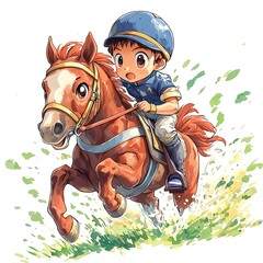 A cheerful young jockey rides a spirited brown horse through a grassy field, a vibrant illustration of equestrian joy.