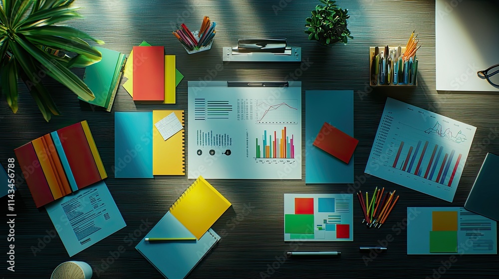 Fototapete an overhead view of a workspace showing charts and graphs about tax efficiencies, with colorful stat