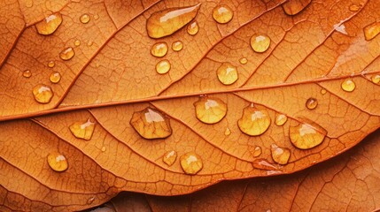 Fototapeta premium Autumn Leaf Macro Photography Dewdrops on Orange Leaf Close Up Nature Texture