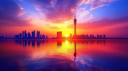 Fototapeta premium Vibrant sunset over a city skyline and water.