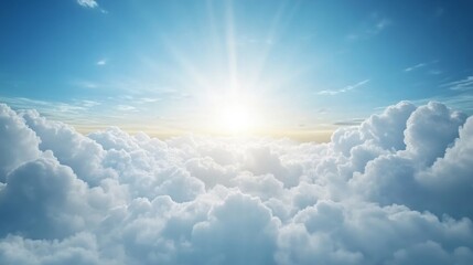 Fototapeta premium Serene Sky with Radiant Sunlight Shining Through Fluffy White Clouds Above a Tranquil Horizon in a Clear Blue Atmosphere