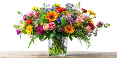 Fototapeta premium A colorful floral arrangement with mixed flowers and foliage in a large glass vase on a white background, surrounded by greenery, kitchen, home decor