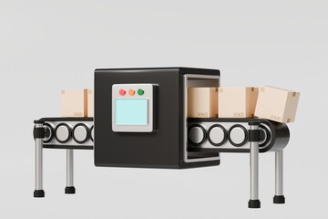 3D Conveyor belt roller with cardboard or parcel box icon isolated on transparent background Minimal Cartoon Empty conveyor belt icon. Logistics manufacturing and Factory industrial Concept. 3d render