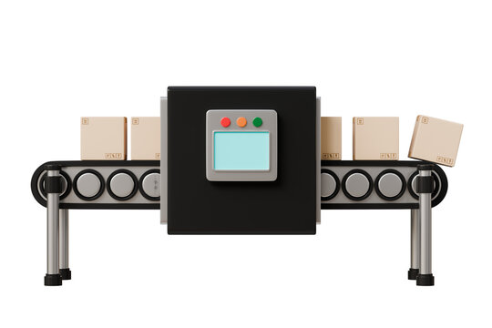 3D Conveyor belt roller with cardboard or parcel box icon isolated on transparent background Minimal Cartoon Empty conveyor belt icon. Logistics manufacturing and Factory industrial Concept. 3d render