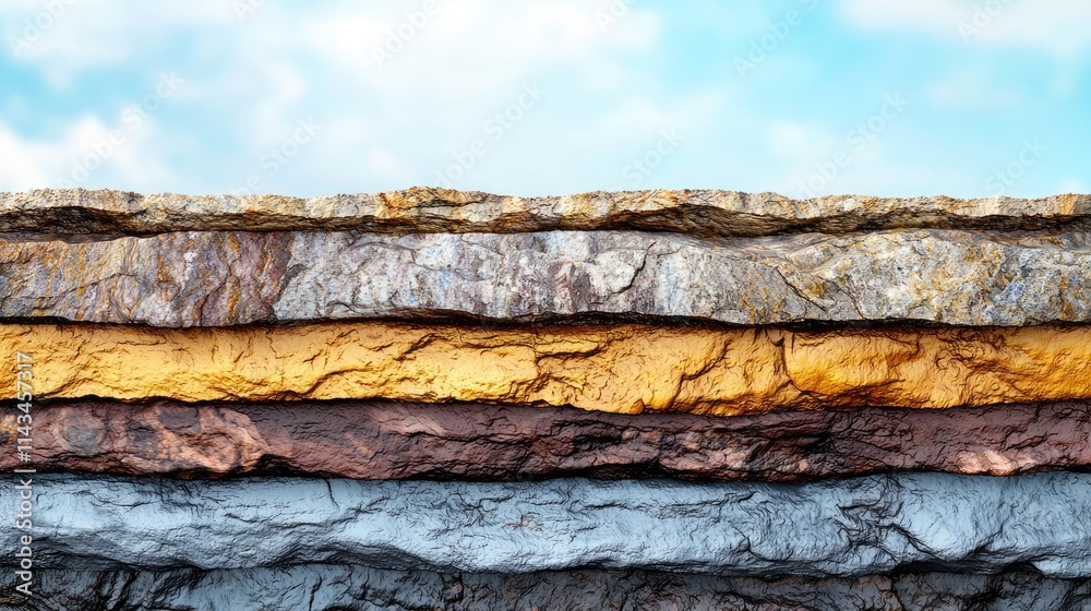 Poster a close-up view of colorful sedimentary rock layers showcasing various textures and colors, set agai