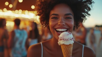 Happy woman enjoying ice cream cone at summer event. Perfect for blogs, articles about summer fun, or food related content.