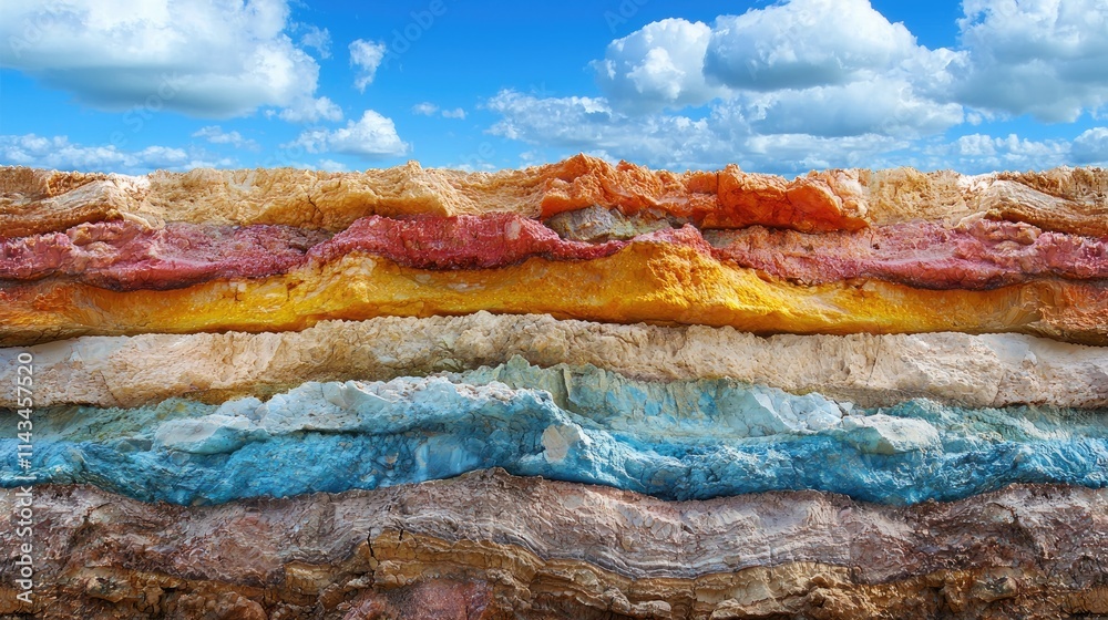 Poster a close-up view of colorful sedimentary rock layers showcasing various textures and colors, set agai