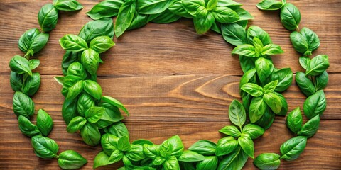 Freshly harvested basil leaves arranged in a decorative circle on a wooden cutting board , green, herb garden,  green