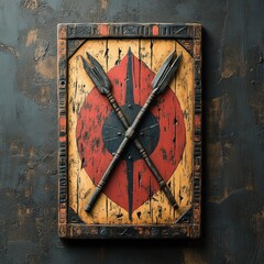 A decorative shield with crossed spears, showcasing a bold red and yellow design.