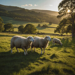Obraz premium Curious lambs with soft, fluffy coats stand in a vibrant spring meadow, their bright eyes fixed on the camera with an innocent and playful gaze.