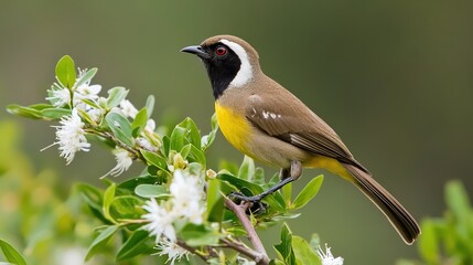 Obraz premium A small bird perched on a branch with green leaves and white flowers, showcasing its light brown body, yellow belly, and distinctive black stripe running through its eyes. 