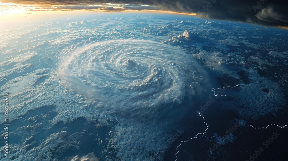 Poster an expansive view of a storm system forming over the ocean, with dark clouds swirling, exhibiting dy
