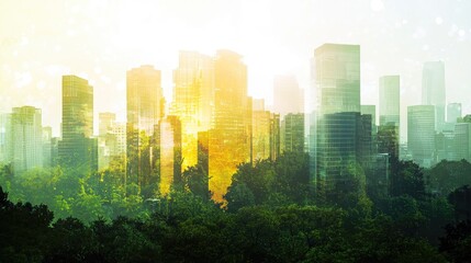 Obraz premium A vibrant double exposure image combining a bustling city skyline with lush green forests, blending both the urban and natural elements seamlessly.