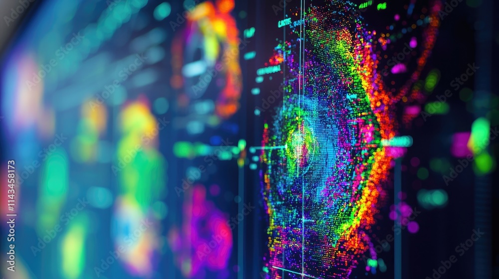 Poster A close-up of a weather radar screen displaying colorful patterns and data, highlighting meteorological phenomena in a modern research lab environment.