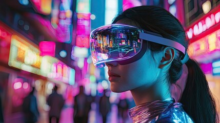 A futuristic cityscape showcasing participants using location-based AR glasses, immersed in a vibrant street filled with neon signs and digital overlays.