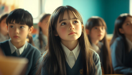Fototapeta premium A cinematic still of a young Korean girl with long brown hair in a school uniform, sitting among her classroom friends in an elementary school