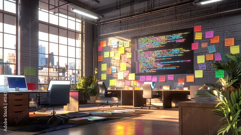 Aufkleber A bright office environment where developers collaborate on AR applications, surrounded by colorful post-its, laptops, and a large screen displaying code.