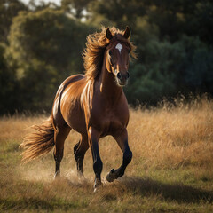 Fototapeta premium A beautiful red horse with a flowing, long mane is captured in motion, its powerful muscles rippling as it gallops gracefully across an open field.