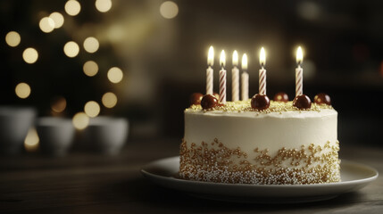 festive holiday cake adorned with golden sprinkles and lit candles, creating warm and joyful atmosphere. Perfect for celebrations and gatherings