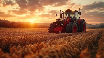 Fototapeta premium Red tractor in golden sunset field.
