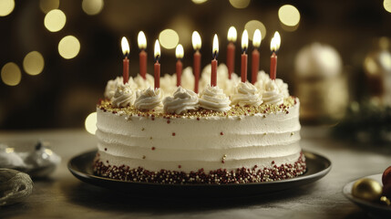 festive holiday cake adorned with golden sprinkles and candles, creating warm and joyful atmosphere. Perfect for celebrations and gatherings