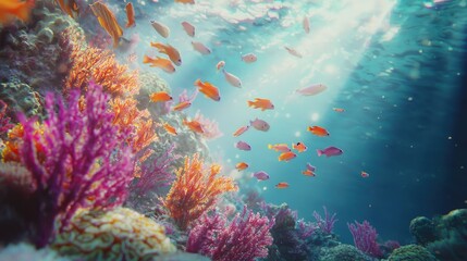 Naklejka premium A serene underwater scene showcasing colorful coral reefs teeming with vibrant fish, illuminated by sunlight filtering through clear blue water.