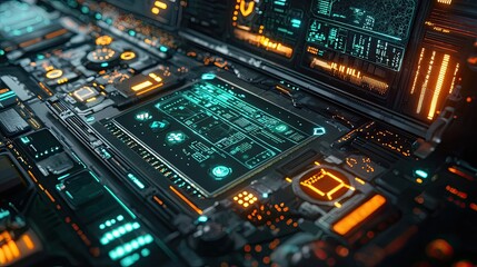 An illustration of a mobile application on a futuristic interface, surrounded by digital icons and glowing colors in a high-tech environment.