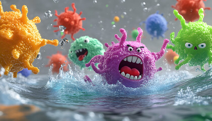 3D cartoon-style illustration of a cute, and strong bacteria in a white background