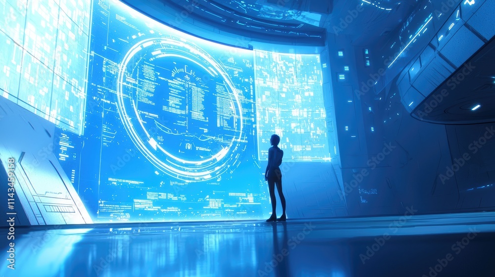Aufkleber A futuristic office scene showcasing a user interacting with a floating holographic interface displaying data visualizations, bathed in soft blue light.