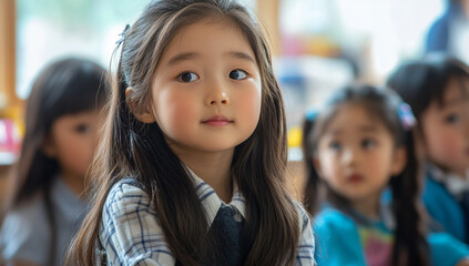 Obraz premium A cinematic still of a young Korean girl with long brown hair in a school uniform, sitting among her classroom friends in an elementary school