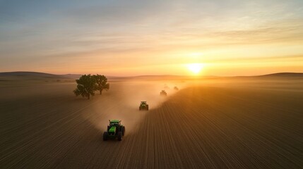 Fototapeta premium Dramatic Aerial View of Tractors Working in Dusty Agricultural Field During Golden Sunset in Rural Landscape