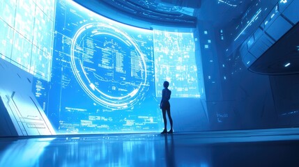 Naklejka premium A futuristic office scene showcasing a user interacting with a floating holographic interface displaying data visualizations, bathed in soft blue light.