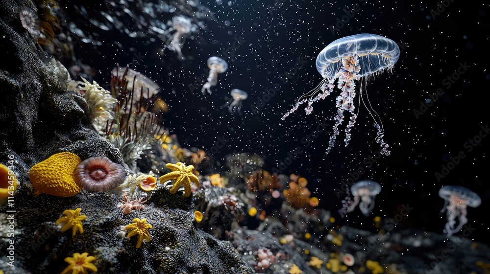 Poster a mesmerizing view of a deep-sea explored area, featuring unique marine life such as jellyfish and s