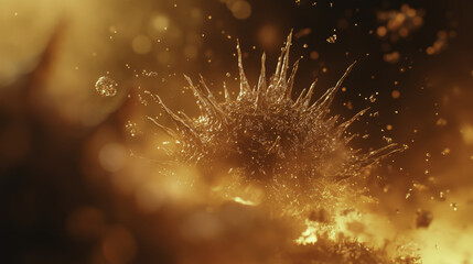 Fototapeta premium Microscopic view of viral structure with spikes, showcasing intricate details and textures in golden hue. image evokes sense of wonder and curiosity about microscopic world