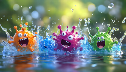 3D cartoon-style illustration of a cute, and strong bacteria in a white background