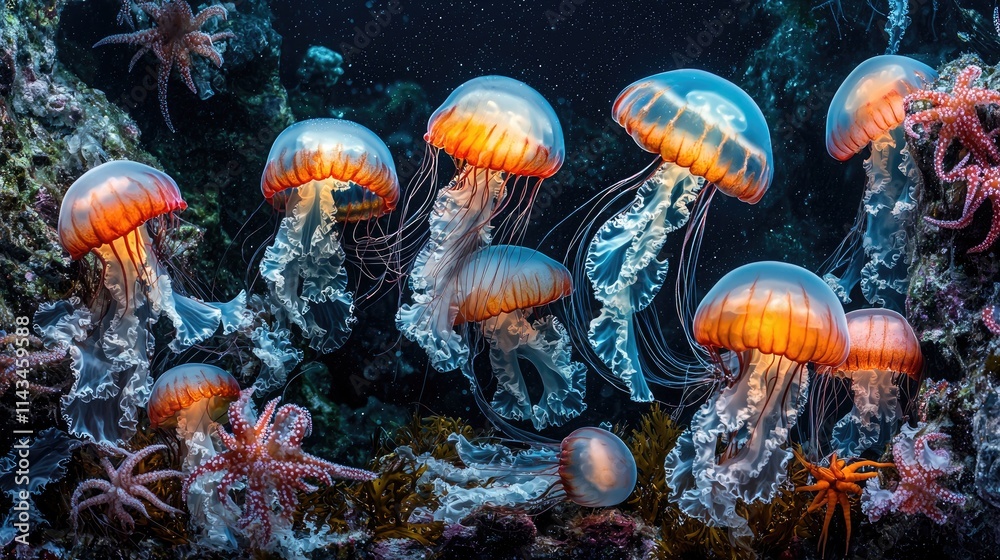 Poster a mesmerizing view of a deep-sea explored area, featuring unique marine life such as jellyfish and s