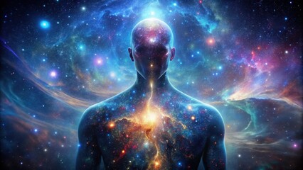 Fototapeta premium Mystical being made of galaxies and stars, faceless and ethereal, universe, body, galaxies, stars, portal, dimension, mystical