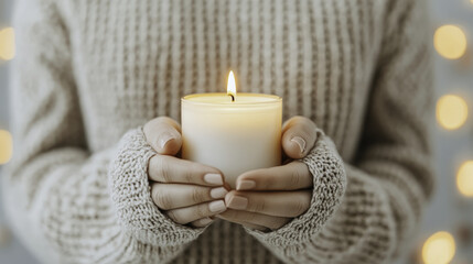 person holding lit candle in cozy, neutral toned sweater, creating warm and inviting atmosphere. soft glow enhances serene ambiance of scene