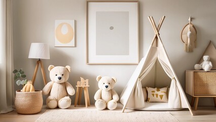 Mock up frame in children room with natural wooden furniture. Natural, bright kid's bedroom interior with wooden furniture, designer accessories and posters on a white wall