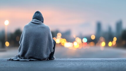 A solitary figure wrapped in a blanket gazes at a distant city skyline during twilight, highlighting themes of loneliness and resilience in urban environments.