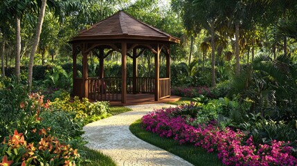 Fototapeta premium A serene garden featuring a beautifully crafted wooden gazebo surrounded by colorful flowers and lush greenery, creating a tranquil outdoor retreat.