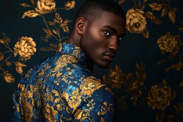 Fototapeta premium Man in Floral Shirt, Dark Floral Background
