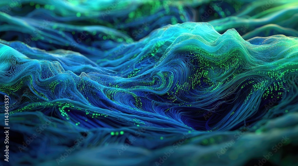 Leinwandbilder An abstract representation of data streams flowing through a digital network, depicted in shades of blue and green, creating a sense of advanced technology.