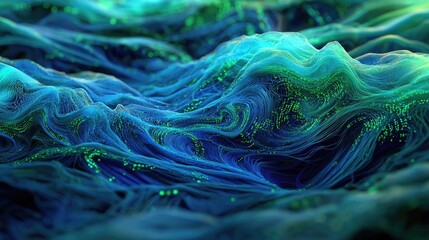 An abstract representation of data streams flowing through a digital network, depicted in shades of blue and green, creating a sense of advanced technology.