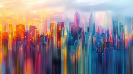 A vibrant city skyline is layered with colorful abstract shapes, creating a dynamic and energetic atmosphere.