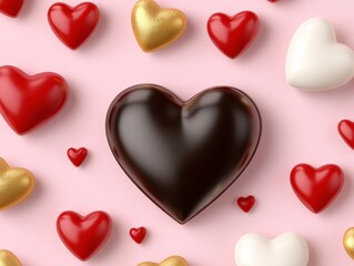 Fototapeta premium A collection of heart-shaped chocolates in various colors, including red, white, gold, and dark brown, arranged on a soft pink background, ideal for Valentine's Day or romantic occasions.