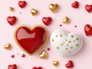Fototapeta premium This image features heart-shaped chocolates in red and white, adorned with gold accents, surrounded by smaller red and gold hearts on a pink background, ideal for romantic occasions.
