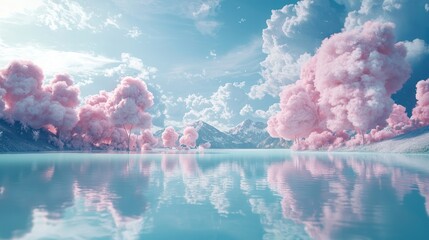 A surreal landscape where dreamy cotton candy clouds float above a serene lake, creating a whimsical and tranquil scene.