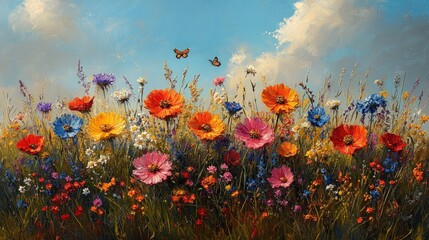 Obraz premium Vibrant wildflowers, butterflies, summer sky.