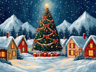 Naklejka premium A festive winter scene featuring a beautifully decorated Christmas tree surrounded by snow-covered houses and mountains, evoking a warm holiday atmosphere.